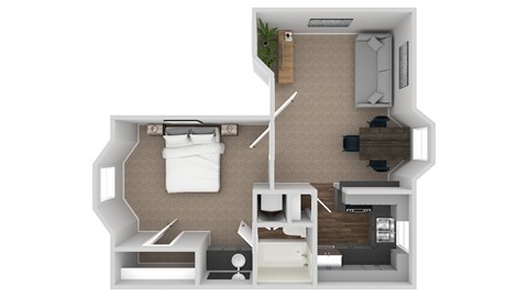 A 3D rendered image of a small apartment layout.